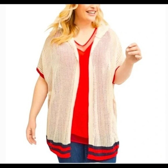 Lane Bryant Sweaters - Lane Bryant Open Stitch Knitted Hoodie Short Sleeve Cardigan 14/20